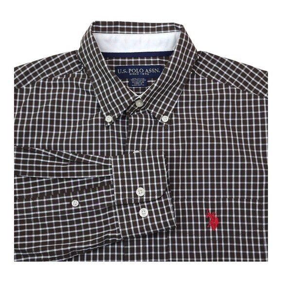 U.S. Polo Assn. Boys Brown Checkered Button-Down Shirt Size M Cotton Polyester - Picture 1 of 9